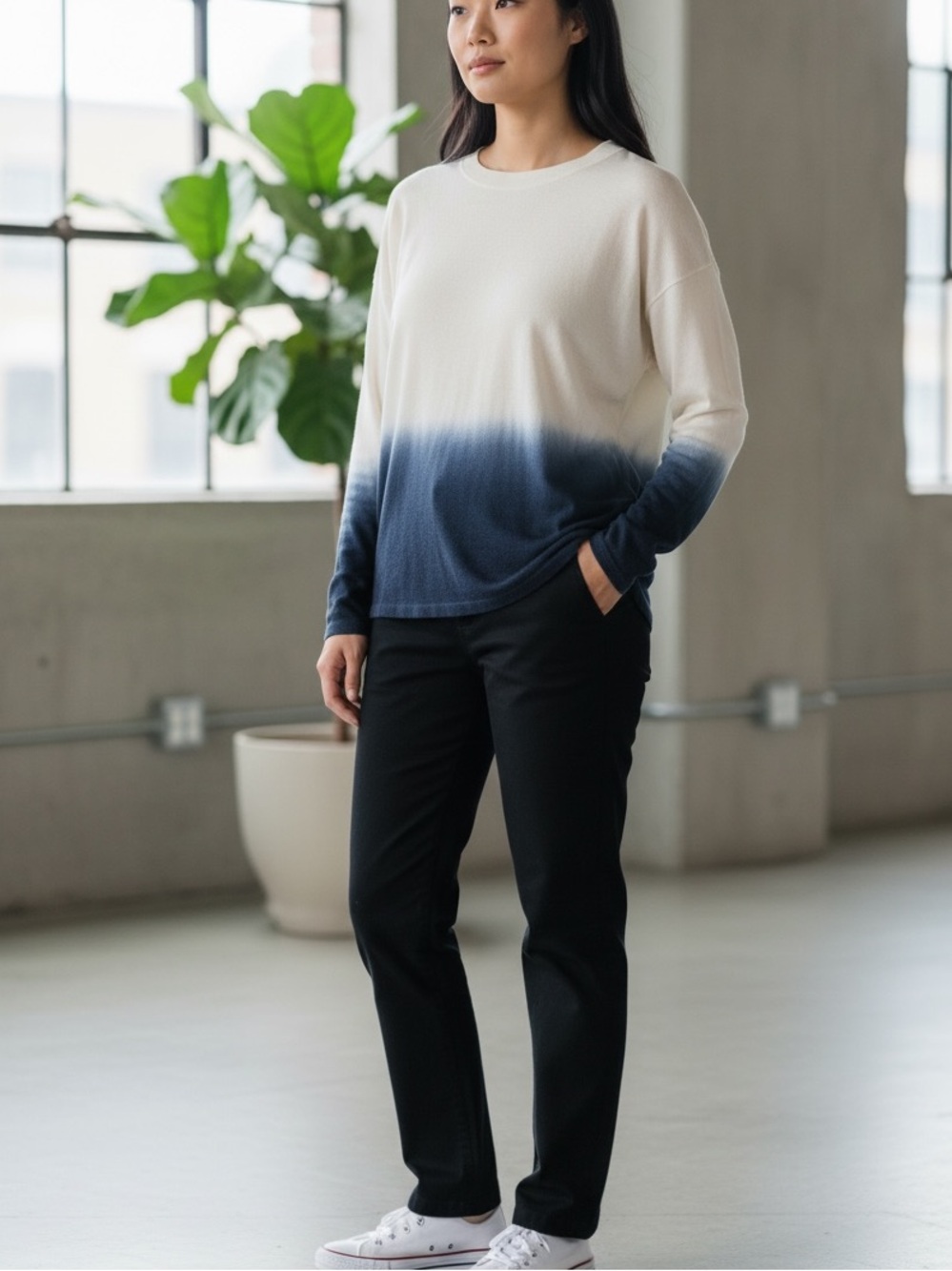 NSF Cream Dip Dye Navy Crewneck Close Knit Sweater Size XSmall